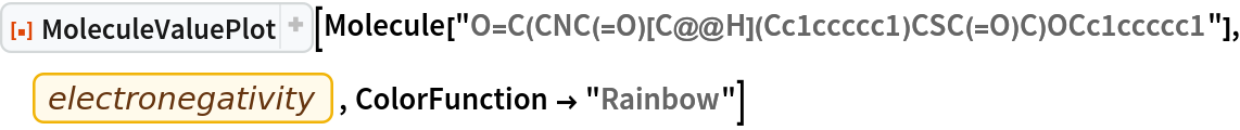 ResourceFunction["MoleculeValuePlot"][
 Molecule["O=C(CNC(=O)[C@@H](Cc1ccccc1)CSC(=O)C)OCc1ccccc1"], EntityProperty["Element", "Electronegativity"], ColorFunction -> "Rainbow"]
