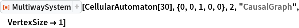 ResourceFunction["MultiwaySystem"][
 CellularAutomaton[30], {0, 0, 1, 0, 0}, 2, "CausalGraph", VertexSize -> 1]