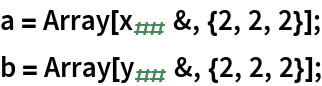 a = Array[Subscript[x, ##] &, {2, 2, 2}];
b = Array[Subscript[y, ##] &, {2, 2, 2}];
