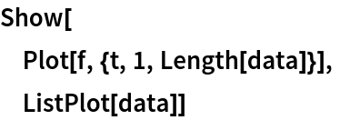 Show[
 Plot[f, {t, 1, Length[data]}],
 ListPlot[data]]