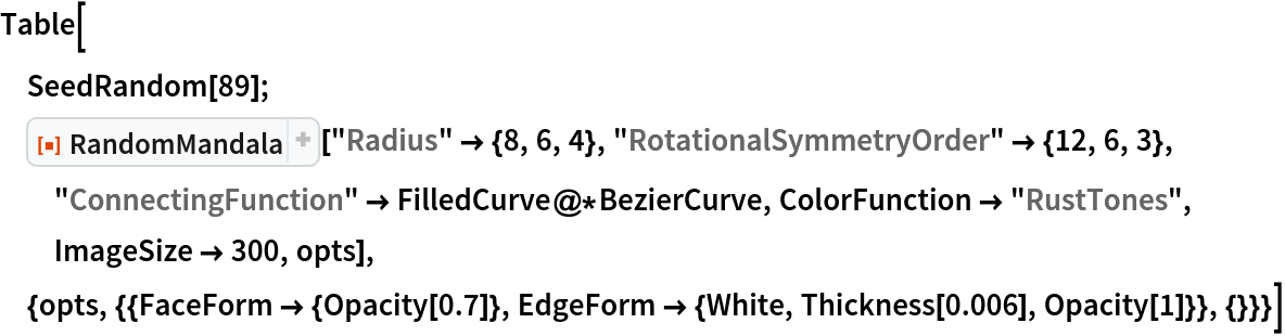 Table[
 SeedRandom[89];
 ResourceFunction["RandomMandala"]["Radius" -> {8, 6, 4}, "RotationalSymmetryOrder" -> {12, 6, 3}, "ConnectingFunction" -> FilledCurve@*BezierCurve, ColorFunction -> "RustTones", ImageSize -> 300, opts], {opts, {{FaceForm -> {Opacity[0.7]}, EdgeForm -> {White, Thickness[0.006], Opacity[1]}}, {}}}]