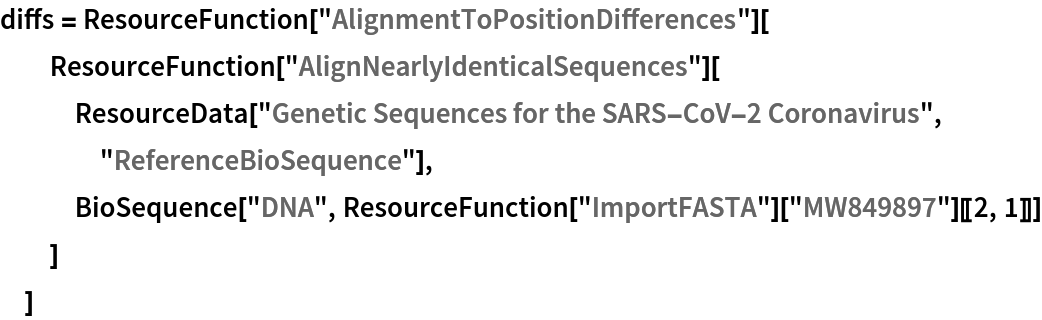 diffs = ResourceFunction["AlignmentToPositionDifferences"][
  ResourceFunction["AlignNearlyIdenticalSequences"][
   ResourceData["Genetic Sequences for the SARS-CoV-2 Coronavirus", "ReferenceBioSequence"],
   BioSequence["DNA", ResourceFunction["ImportFASTA"]["MW849897"][[2, 1]]]
   ]
  ]