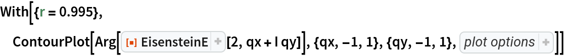With[{r = 0.995},
 ContourPlot[
  Arg[ResourceFunction["EisensteinE"][2, qx + I qy]], {qx, -1, 1}, {qy, -1, 1}, {ColorFunction -> (Hue[
Mod[#/(2 Pi), 1]]& ), ColorFunctionScaling -> False, Contours -> 60, ContourLines -> False, Frame -> False, MaxRecursion -> 1, PlotPoints -> 30, PlotRange -> All, RegionFunction -> (Norm[{#, #2}] < r& )}]]