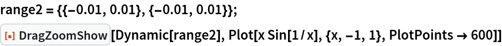 range2 = {{-0.01, 0.01}, {-0.01, 0.01}};
ResourceFunction["DragZoomShow"][Dynamic[range2], Plot[x Sin[1/x], {x, -1, 1}, PlotPoints -> 600]]