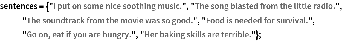sentences = {"I put on some nice soothing music.", "The song blasted from the little radio.", "The soundtrack from the movie was so good.", "Food is needed for survival.", "Go on, eat if you are hungry.", "Her baking skills are terrible."};