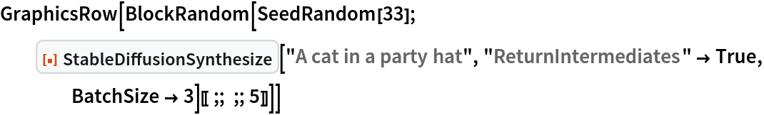 GraphicsRow[
 BlockRandom[SeedRandom[33]; ResourceFunction["StableDiffusionSynthesize"][
    "A cat in a party hat", "ReturnIntermediates" -> True, BatchSize -> 3][[;; ;; 5]]]]