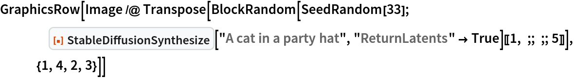 GraphicsRow[
 Image /@ Transpose[
   BlockRandom[SeedRandom[33]; ResourceFunction["StableDiffusionSynthesize"][
      "A cat in a party hat", "ReturnLatents" -> True][[
     1, ;; ;; 5]]], {1, 4, 2, 3}]]