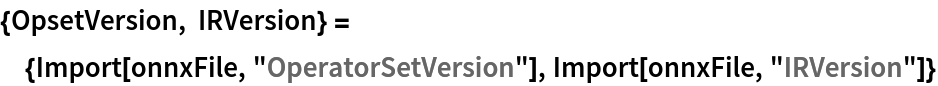 {OpsetVersion, IRVersion} = {Import[onnxFile, "OperatorSetVersion"], Import[onnxFile, "IRVersion"]}