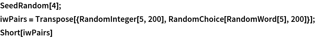 SeedRandom[4];
iwPairs = Transpose[{RandomInteger[5, 200], RandomChoice[RandomWord[5], 200]}];
Short[iwPairs]
