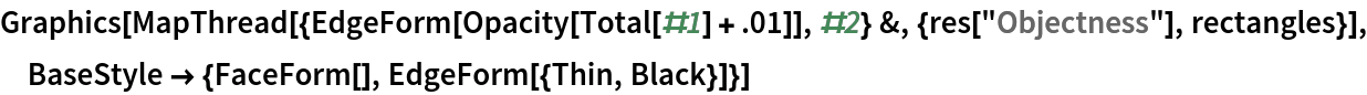 Graphics[MapThread[{EdgeForm[Opacity[Total[#1] + .01]], #2} &, {res[
    "Objectness"], rectangles}], BaseStyle -> {FaceForm[], EdgeForm[{Thin, Black}]}]