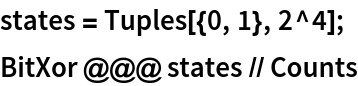 states = Tuples[{0, 1}, 2^4];
BitXor @@@ states // Counts