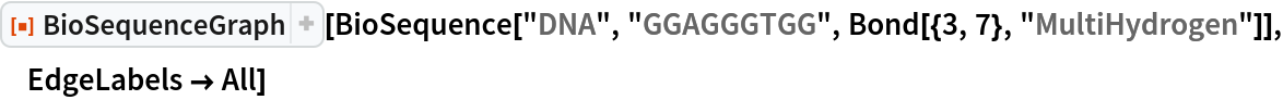 ResourceFunction["BioSequenceGraph"][
 BioSequence["DNA", "GGAGGGTGG", Bond[{3, 7}, "MultiHydrogen"]], EdgeLabels -> All]