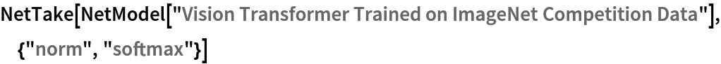 NetTake[NetModel[
  "Vision Transformer Trained on ImageNet Competition Data"], {"norm",
   "softmax"}]