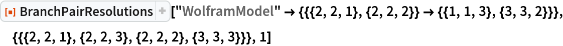 ResourceFunction["BranchPairResolutions"][
 "WolframModel" -> {{{2, 2, 1}, {2, 2, 2}} -> {{1, 1, 3}, {3, 3, 2}}}, {{{2, 2, 1}, {2, 2, 3}, {2, 2, 2}, {3, 3, 3}}}, 1]