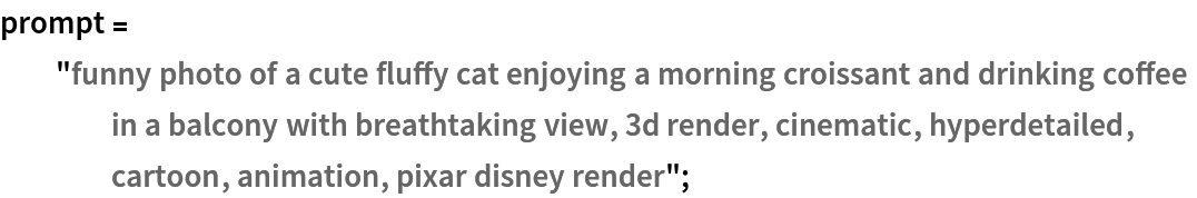 prompt = "funny photo of a cute fluffy cat enjoying a morning croissant and drinking coffee in a balcony with breathtaking view, 3d render, cinematic, hyperdetailed, cartoon, animation, pixar disney render";