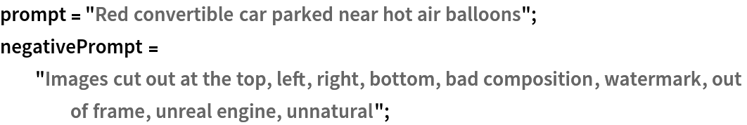 prompt = "Red convertible car parked near hot air balloons";
negativePrompt = "Images cut out at the top, left, right, bottom, bad composition, watermark, out of frame, unreal engine, unnatural";
