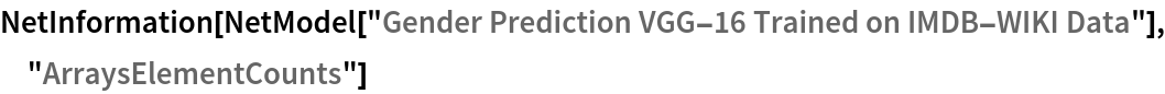 NetInformation[
 NetModel["Gender Prediction VGG-16 Trained on IMDB-WIKI Data"], \
"ArraysElementCounts"]