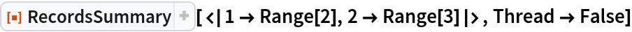 ResourceFunction["RecordsSummary"][<|1 -> Range[2], 2 -> Range[3]|>, Thread -> False]